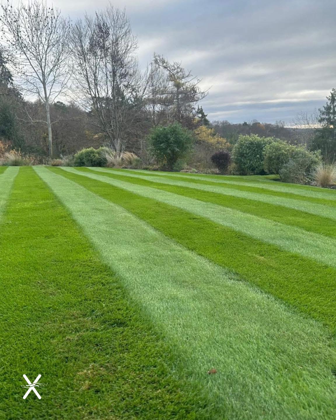 Wide striped estate lawn with countryside